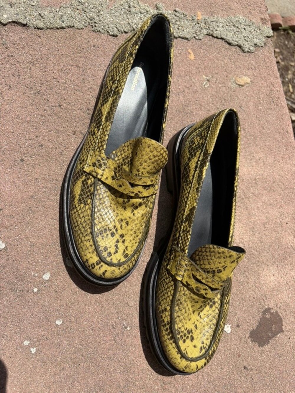Reformation Agathea Chunky Penny Loafer Yellow Snake Embossed